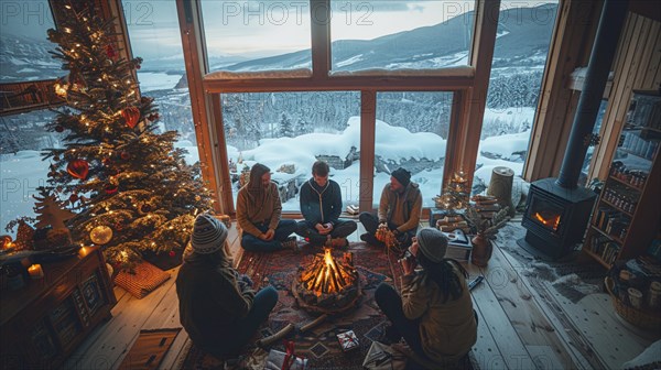 Group of friends enjoying a cozy time by the fireplace with a snowy mountain view outside, AI generated