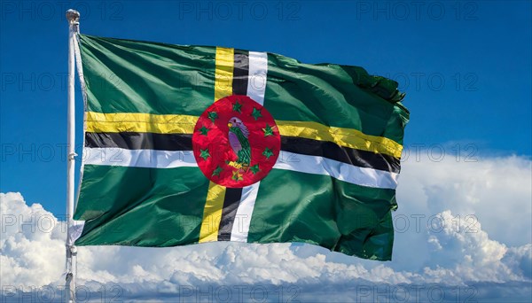 The flag of Dominica, Lesser Antilles, Caribbean, fluttering in the wind, isolated, against the blue sky