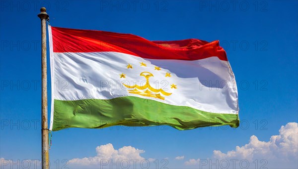 The flag of Tajikistan, fluttering in the wind, isolated, against the blue sky