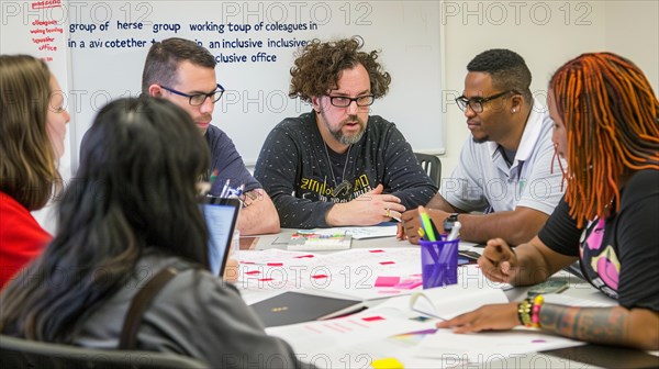 Collaborative team engaged in a business discussion in an office with a whiteboard, AI generated