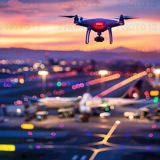 Drone with illuminated rotor blades in front of an aircraft and colourful city lights in the background, drone, attack, AI generated