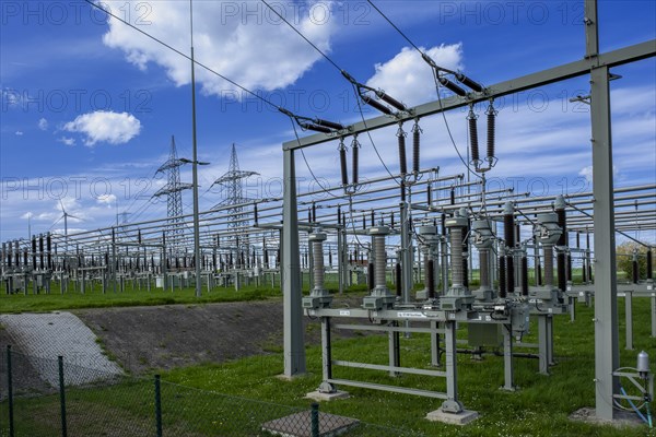 Power pylons with high-voltage lines and insulators at the Avacon substation in Helmstedt, Helmstedt, Lower Saxony, Germany, Europe