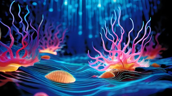 AI generated underwater landscape with and bioluminescent creatures