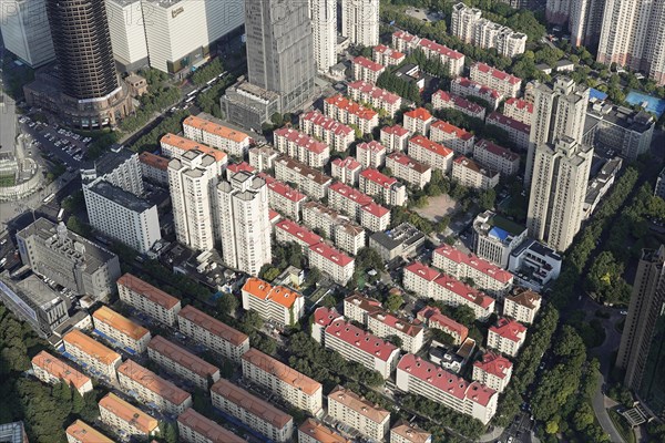 View from the 632 metre high Shanghai Tower, nicknamed The Twist, Shanghai, People's Republic of China, Bird's eye view of densely packed residential buildings, Shanghai, China, Asia