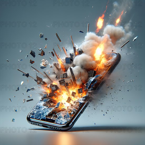 A smartphone shatters in a spectacular explosion, surrounded by fire and smoke, mobile phone smartphone battery explosion, AI generated