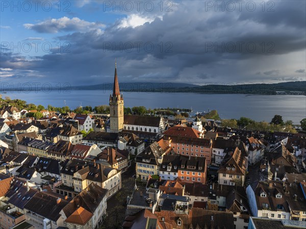 Aerial view of the town of Radolfzell on Lake Constance with the Radolfzell Minster in front of sunset, district of Constance, Baden-Wuerttemberg, Germany, Europe