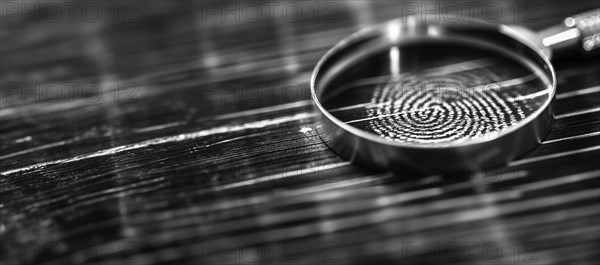 Banner of magnifying glass resting on a fingerprint on paper. generative AI, AI generated