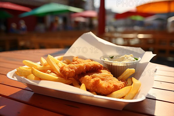 Traditional fish and chips meal in takeout box with sea in background. KI generiert, generiert, AI generated