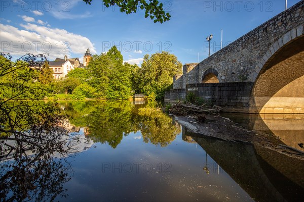 View of an old town, half-timbered houses in a town. Streets and bridges at the river Lahn in the morning in Wetzlar, Hesse Germany