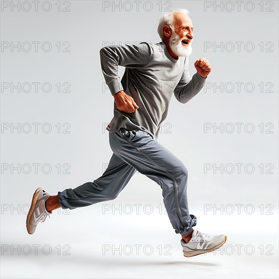 An older man in sporty grey clothing runs energetically on a grey background, run, start, advertising, special offer, AI generated