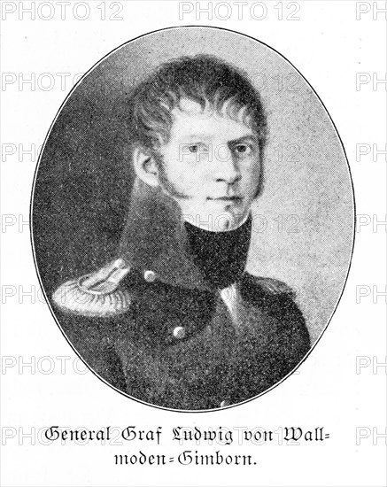 Portrait of General Count Ludwig von Wallmoden-Gimborn, portrait of a young man with whiskers in military uniform with epaulettes, black and white print with visible halftone dots, historical illustration from 'Zur Erinnerung an die Koeniglich Hannoversche Armee und ihre Stammtruppen', commemorative sheet for the celebration of 19 December 1903, Meisenbach, Riffarth & Co., Germany, Europe