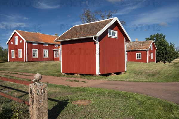 Falun red or Swedish red painted houses, farm, Geta, Aland, or Aland Islands, Gulf of Bothnia, Baltic Sea, Finland, Europe