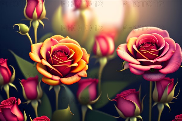 3d illustration of beautiful red and yellow roses on a dark background. ai generated, AI generated