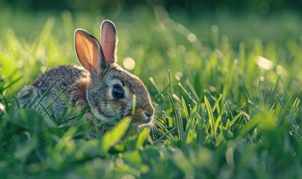 Close-up of a bunny munching on fresh green grass AI generated