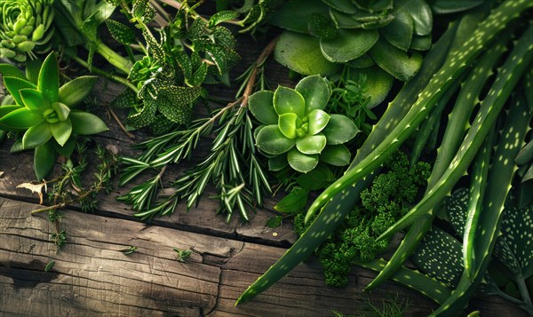 Close-up of aloe vera leaves and fresh herbs arranged on a wooden table AI generated