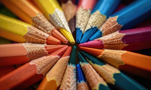 Close-up of a bunch of colored pencils, abstract background with colored pencils macro view AI generated