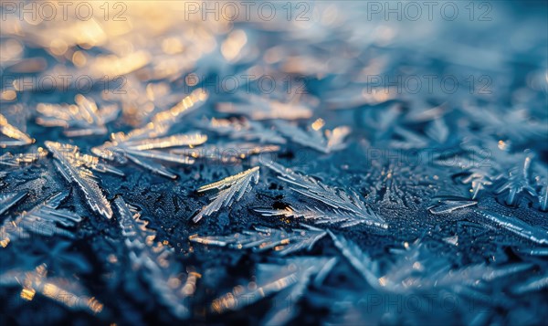 Close-up of icy patterns forming on the surface of a frozen lake AI generated