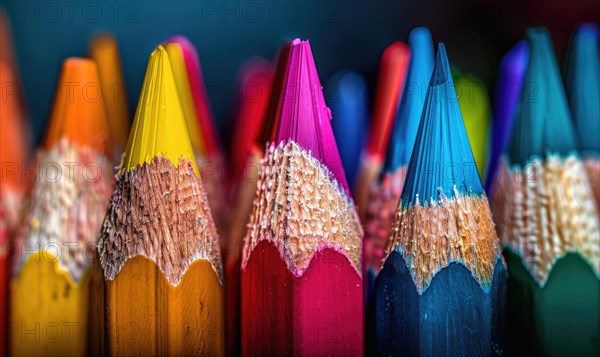 Close-up of sharpened colored pencils in a holder AI generated