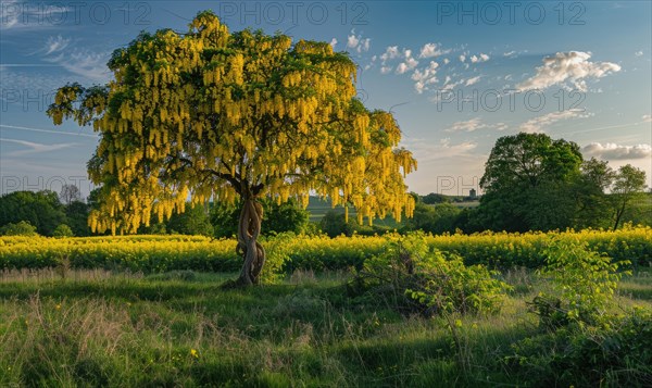 Laburnum tree in a countryside landscape AI generated