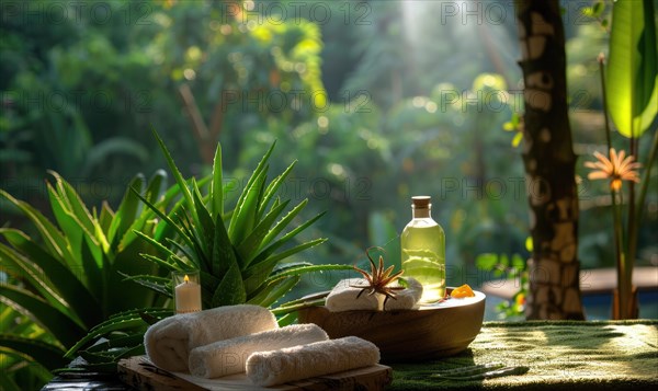 A tranquil spa retreat offering aloe vera infused facials and body treatments amidst lush greenery and natural surroundings AI generated