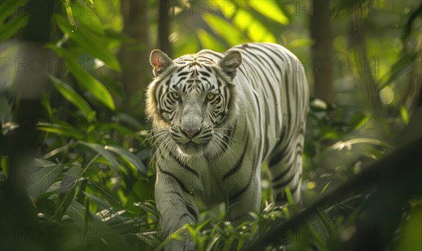 A white tiger prowling through the dense foliage of its natural habitat AI generated