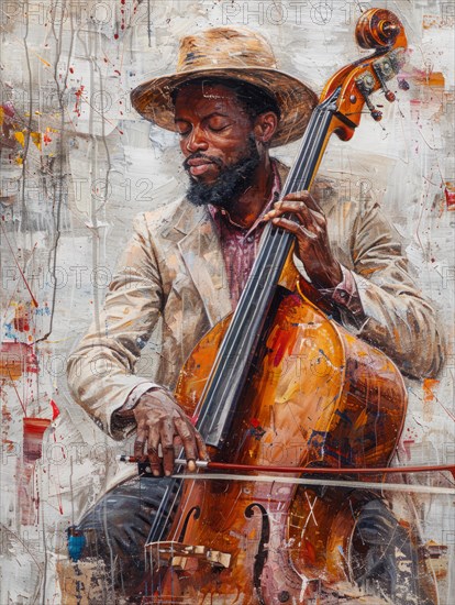 Contemplative musician playing cello featured in a heavily textured painting, AI Generated, AI generated