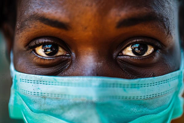 Close up of sad face of black nurse with surgical face mask. KI generiert, generiert, AI generated