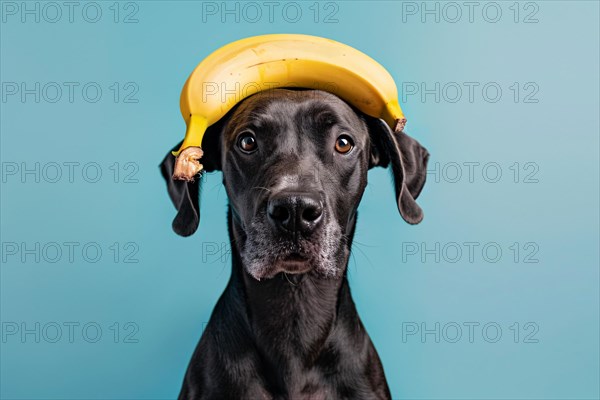 Funny dog with banana fruit on head in front of blue studio background. KI generiert, generiert, AI generated