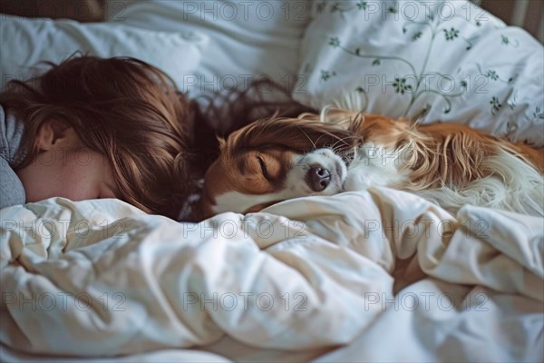 Dog seeping with human owner in bed, KI generiert, generiert, AI generated