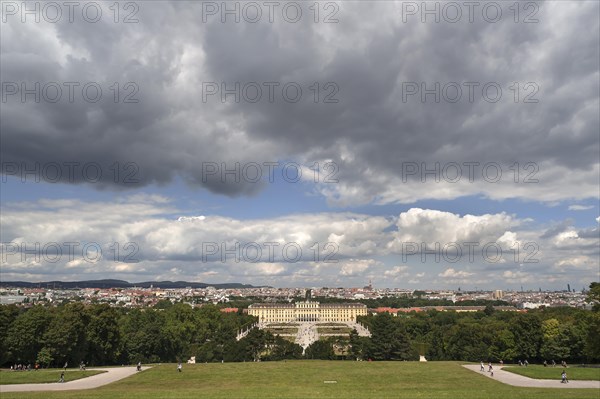 View of Schoenbrunn Palace and a part of the city of Vienna from the Gloriette, Schoenbrunn Palace Park, Schoenbrunn, Vienna, Austria, Europe