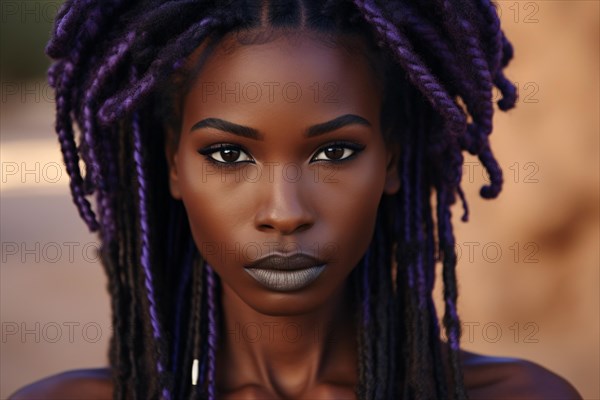 Portrait of pretty african american black woman with purple hair. KI generiert, generiert, AI generated