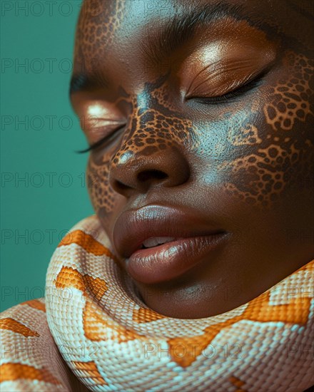 A peaceful image of a woman with closed eyes, golden makeup, and a snake, blurry teal turquoise solid background, beauty product studio light, fashion artsy make up, high concept potraiture, AI generated