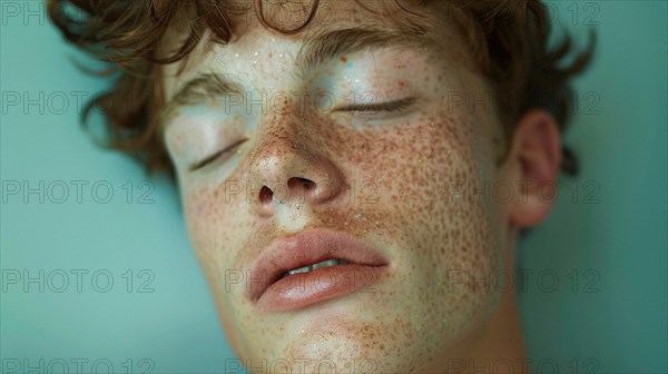 Serene portrait of a redhead with freckles and closed eyes, conveying calmness, blurry teal turquoise solid background, beauty product studio lightning, fashion artsy make up, high concept potraiture, AI generated