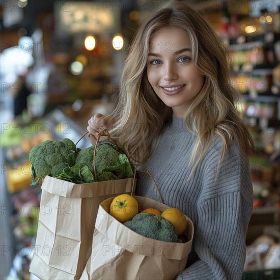 Shopping in supermarket with big paper bag full of vegetables and fruits, ai generated, AI generated