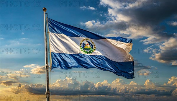 The flag of El Salvador flutters in the wind, isolated against a blue sky