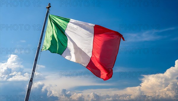 The flag of Italy flutters in the wind, isolated against a blue sky