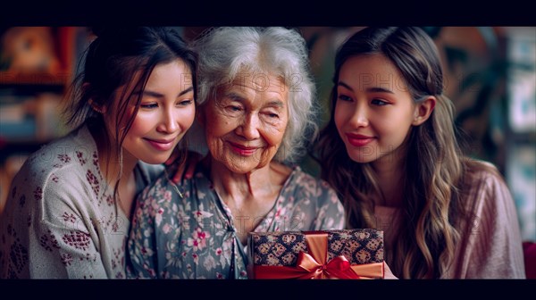 Three generations of asian women sharing a moment of joy over a gift, exuding warmth and happiness, AI generated