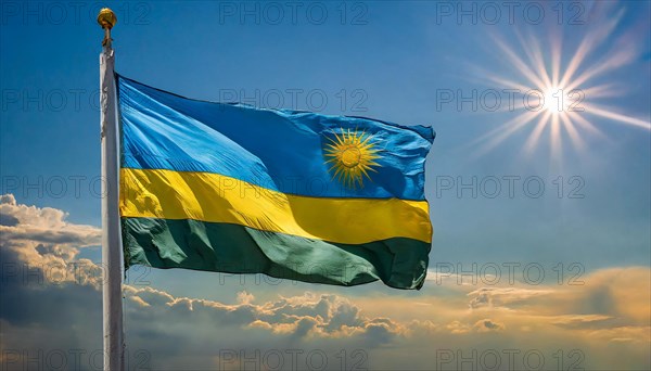 The flag of Rwanda, fluttering in the wind, isolated, against the blue sky