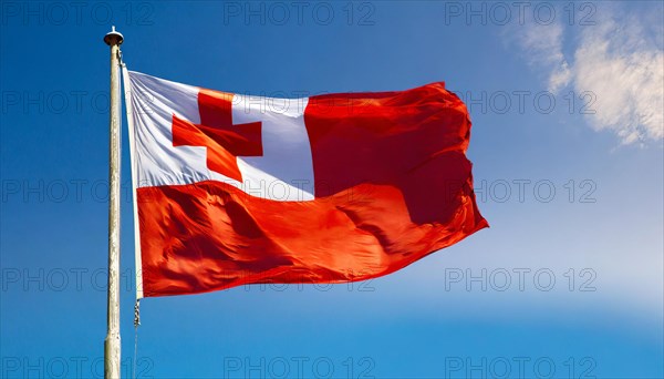 The flag of Tonga, fluttering in the wind, isolated, against the blue sky