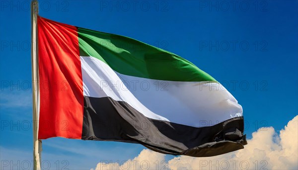 The flag of United Arab Emirates, fluttering in the wind, isolated, against the blue sky