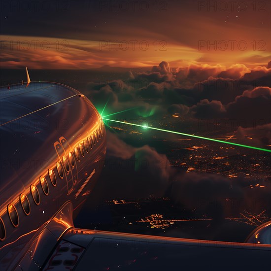 Sunset sky with clouds and green laser beams next to an aircraft fuselage, laser attack on a commercial aircraft, AI generated