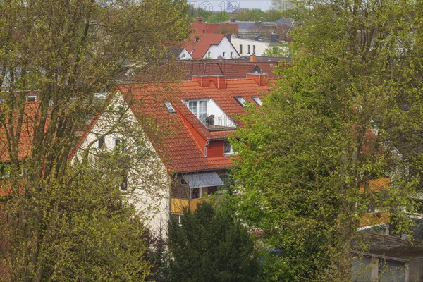 Bird's eye view of modern residential buildings in spring, Delmenhorst, Lower Saxony, Germany, Europe