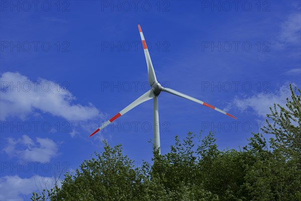 Wind turbine behind green trees at the Avacon substation Helmstedt, Helmstedt, Lower Saxony, Germany, Europe