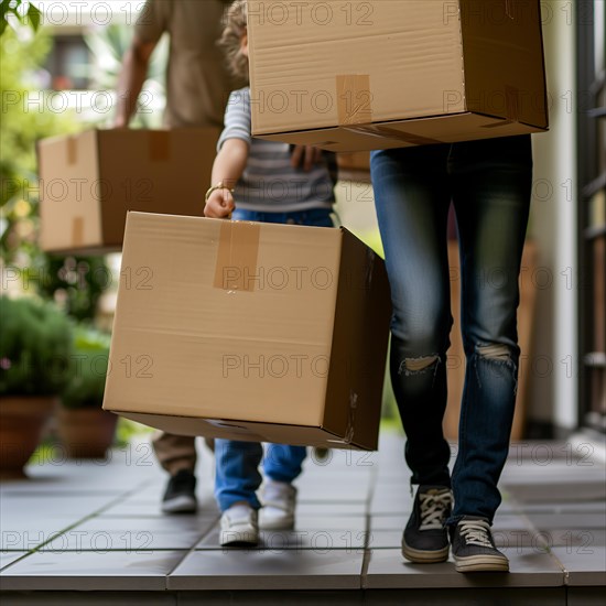 Two people carrying apartment relocation boxes on a pavement in an urban environment, apartment relocation, relocation, change of residence, AI generated