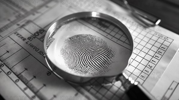 Magnifying glass resting on a fingerprint on paper. generative AI, AI generated