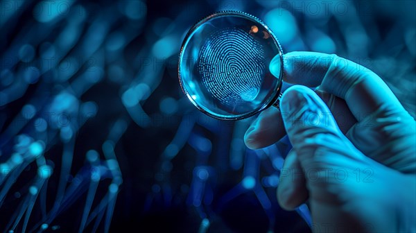 Crime scene with investigator wearing surgical glove viewing A fingerprint through the glass of a magnifying glass. generative AI, AI generated