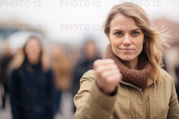 Woman with klenched fist. KI generiert, generiert, AI generated