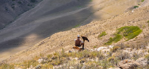 Traditional Kyrgyz eagle hunter with eagle in the mountains, hunting, near Bokonbayevo, Issyk Kul region, Kyrgyzstan, Asia