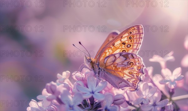 Close-up of a butterfly resting on lilac blossoms AI generated