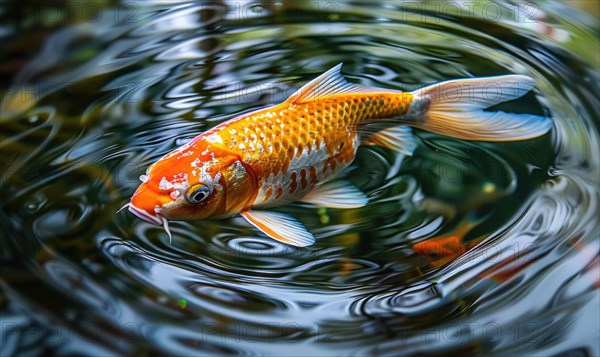 Close-up of a koi fish gliding through the clear waters of a pond AI generated